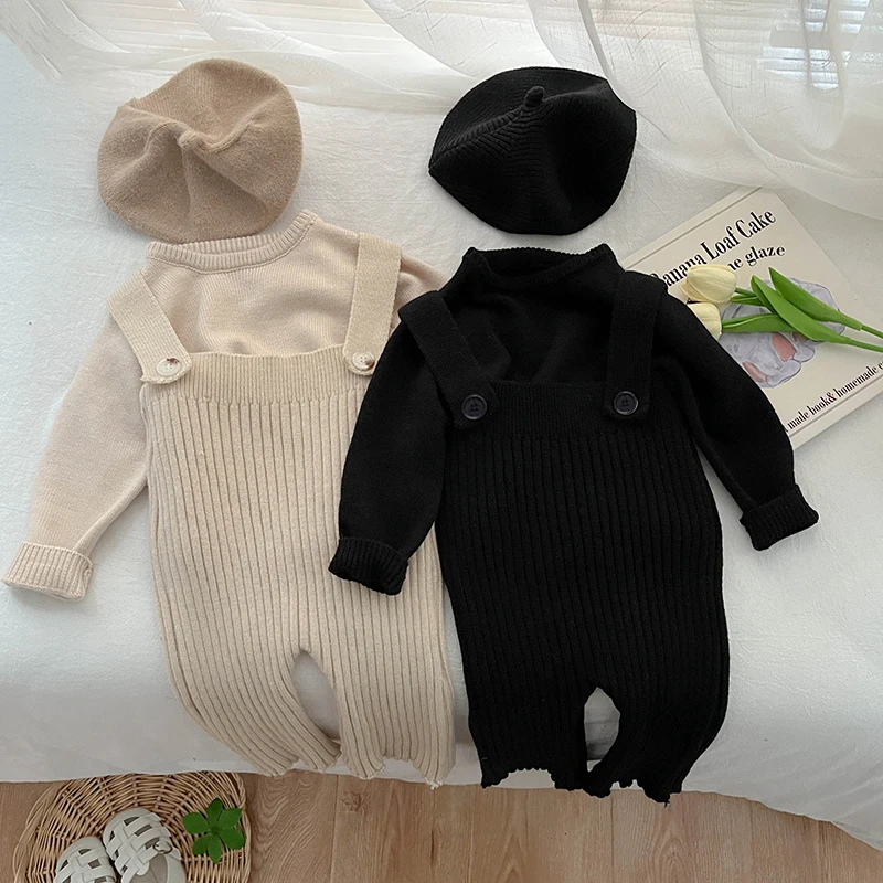 Autumn Newborn Baby Girl Baby Clothes With Solid Color Knitted Pants Girls Casual Pit Strap Pants Set Baby Outing Clothes