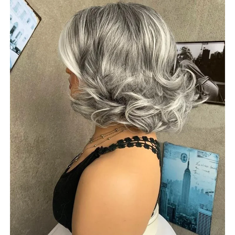 's Wig Short Silver Grey mix Shoulder Length Women Full Hair Wigs