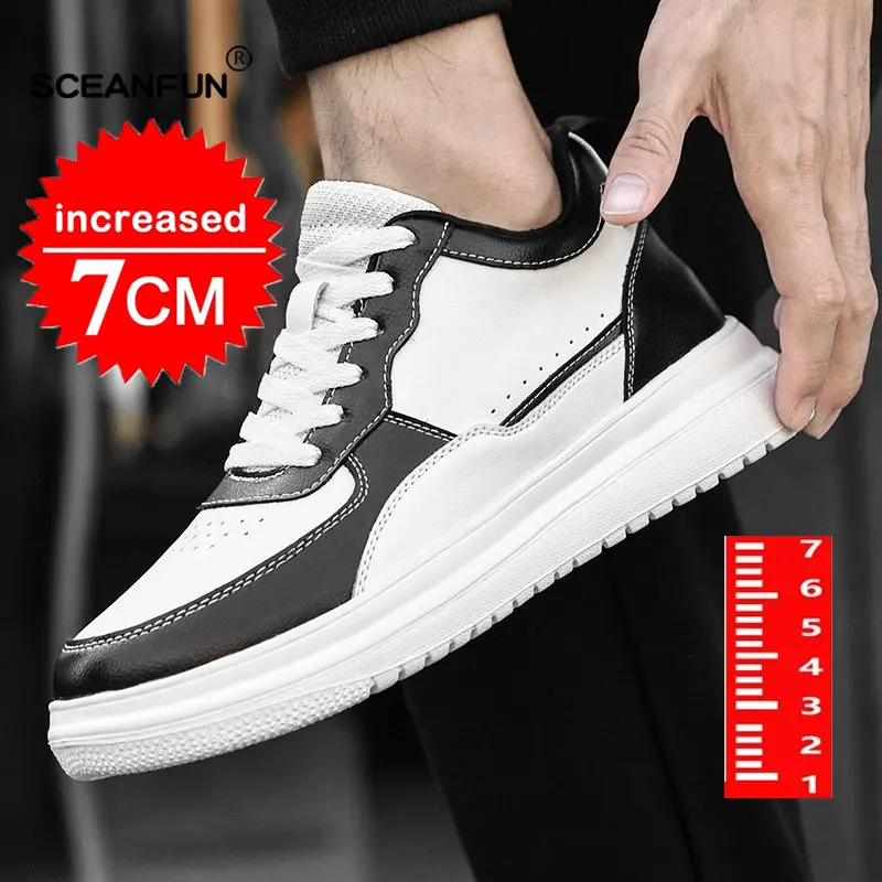 lift height New Height Increasing Shoes For Men 7CM Invisible Elevator Sneakers White Leathe Sport Zapatillas De Hombre