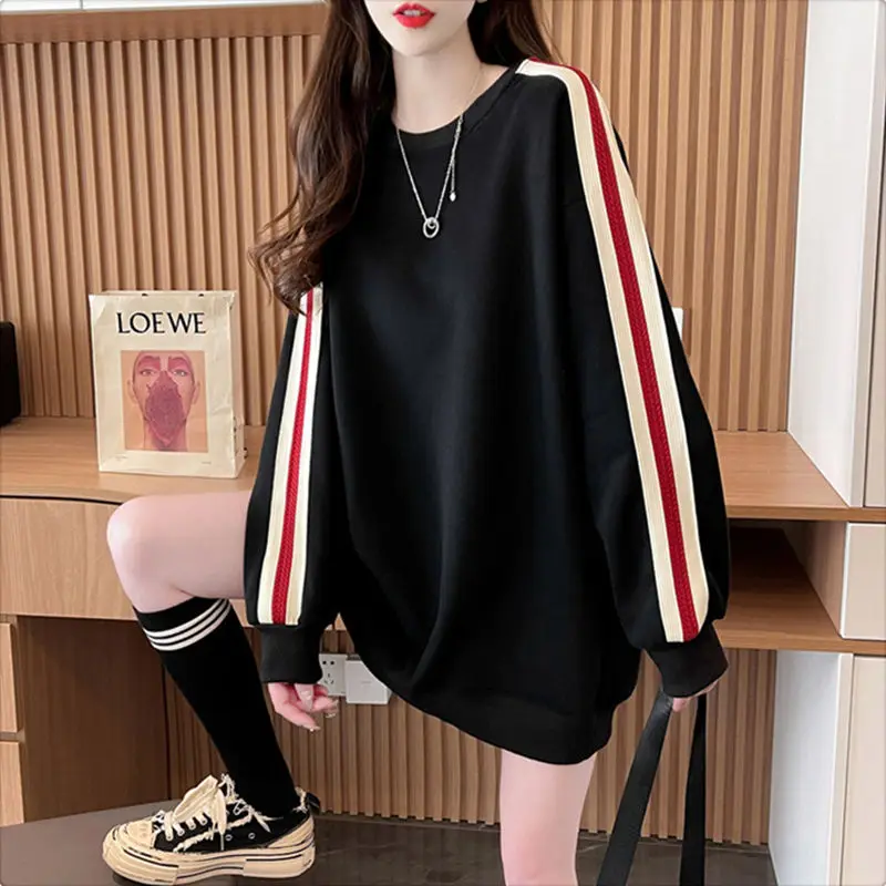 Striped Loose Green Pullover Round Neck Spring and Autumn Baggy Sweatshirt for Women Long Woman Tops Korean Fashion Outerwears E