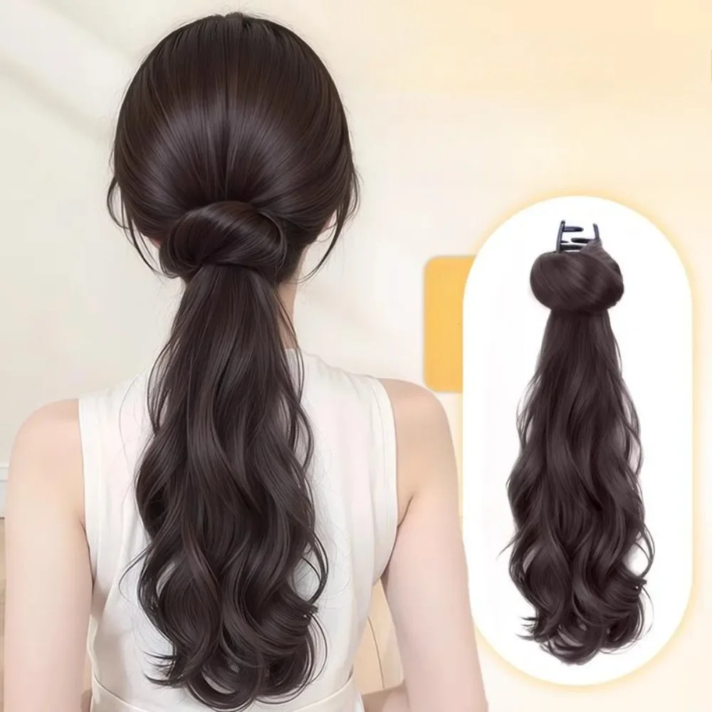 

45cm Women Natural Synthetic Ponytail Braid Wig Clip Lazy Low-tied Fluffy Flower Bud Braid Hair Extension