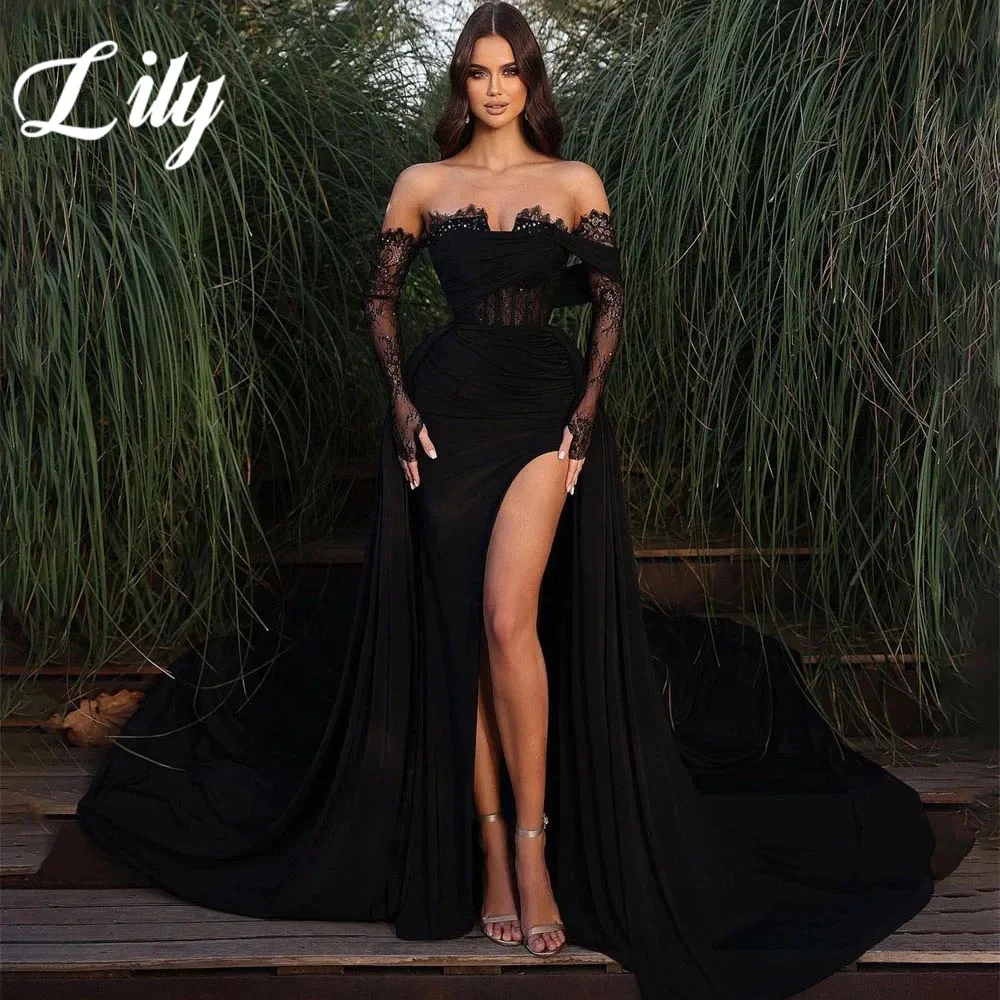 

Lily Black Prom Dress Off The Shoulder Strapless Evening Dress Lace Satin Party Dresses Sexy High Slit Mermaid Robe De Soirée