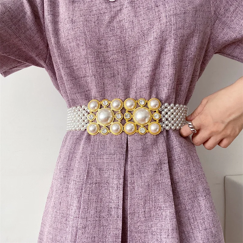

French dress pearl belt women's fashion versatile high-end matching suit elastic gorgeous waistband summer