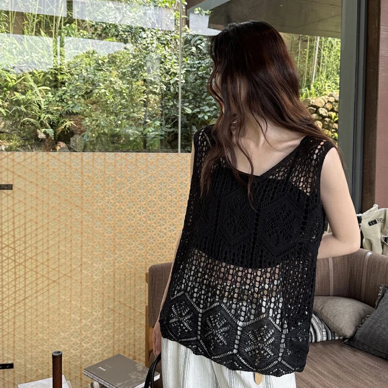 

Fashion Korean French Casual Loose Sleeveless Knitted Vest Blouse Women Summer