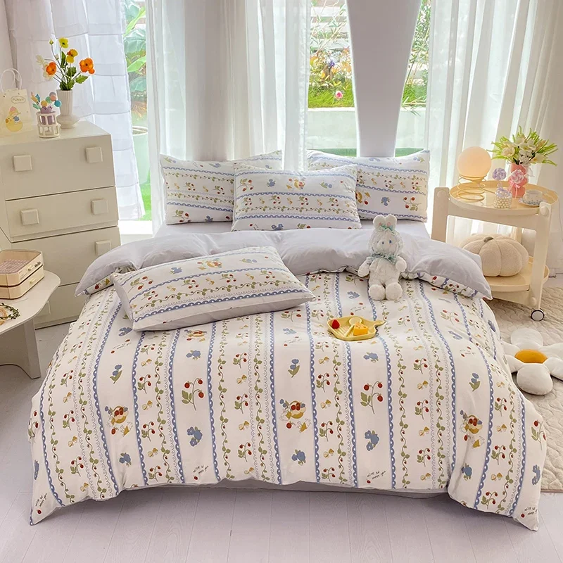 Botanical Floral Duvet Cover Set Queen 4 Pcs Garden Flowers Cartoon Rabbit Bedding Set Farmhouse Comforter Cover with Flat Sheet