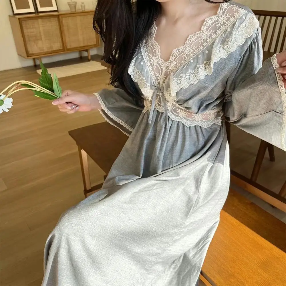 

Long-sleeved Nightgown Spring Autumn Korean Version Simple Gray Lace Long Dress Princess Style Home Clothes Pyjamas Women Hot