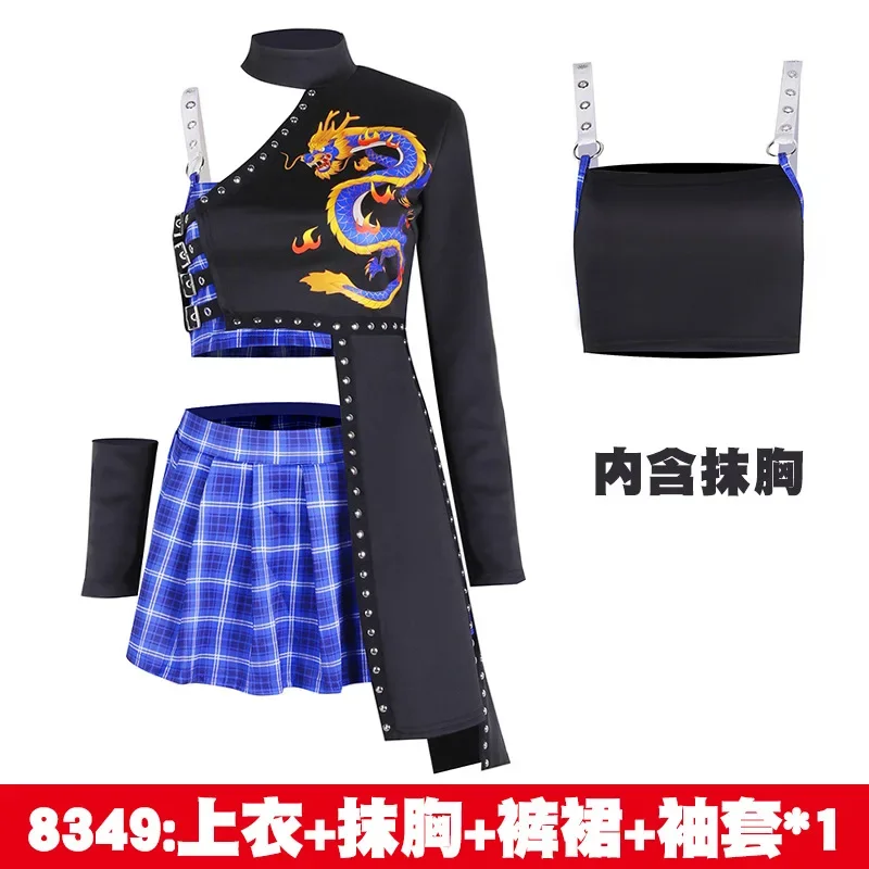 Single Sleeve Top Skirt Set Kpop Stage Costume Festival Rave Outfit Korean Girl Group Dance Wear Nightclub Party Show Clothes