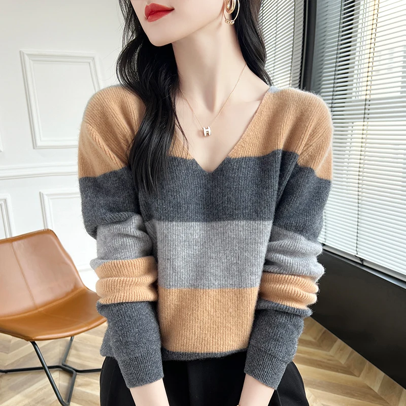 Female V-neck Wool Sweater Women Autumn/Winter Jumper Big Stripes Loose Knit Base Shirt Europe Station Cashmere Women\'s Clothing