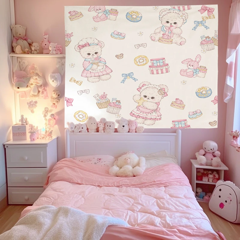 VIKAMA Cute Bear Bunny Kawaii Tapestry, Pastel Aesthetic Wall Hanging, Sweet Home Decor for Bedroom Living Room Dorm