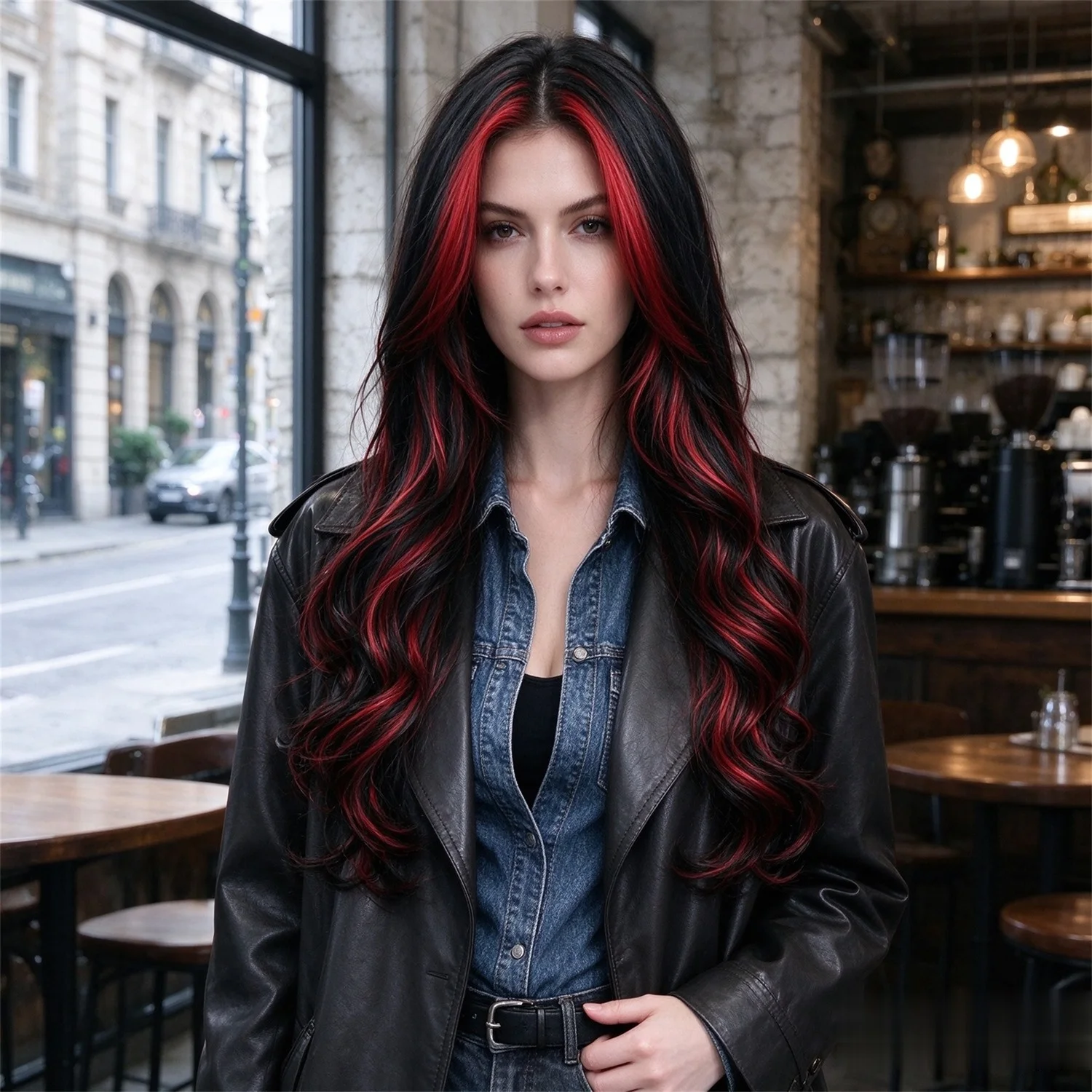 Body Wave Wig 28 Inch 1B Natural Black With Red Highlights Two Tone Heat Resistant Synthetic Wig, Costumes wigs