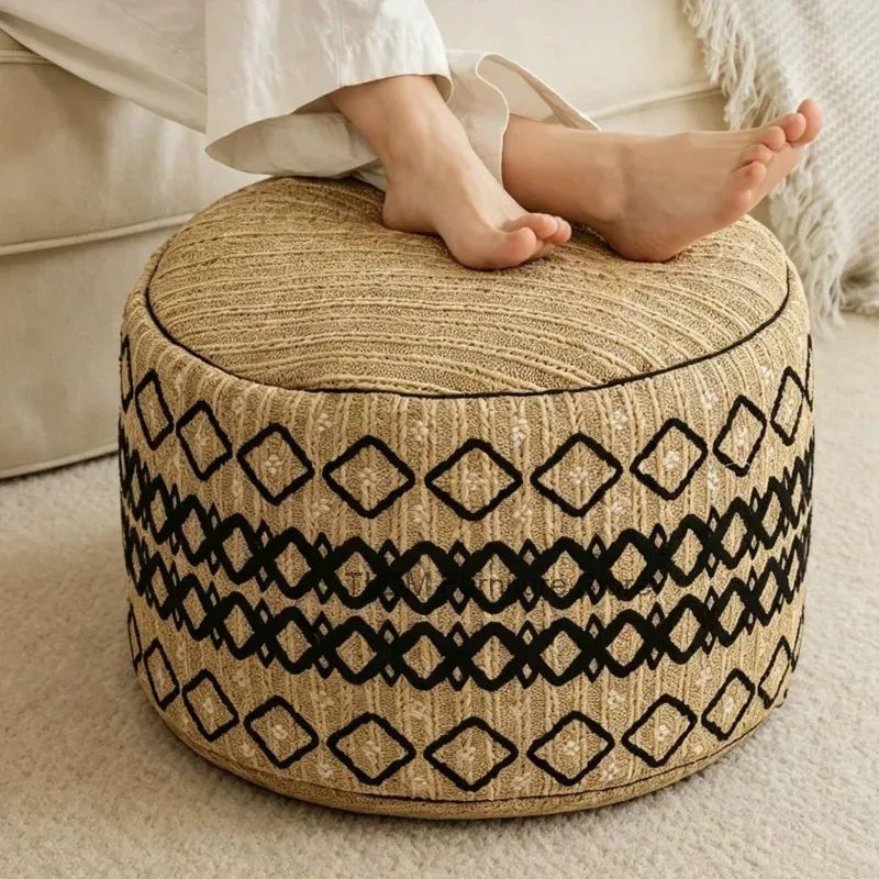 Round Knitted Pouf Ottoman Geometric Rhombus Pattern Soft Floor Cushion Portable Foot Stool for Living Room Balcony Sofa