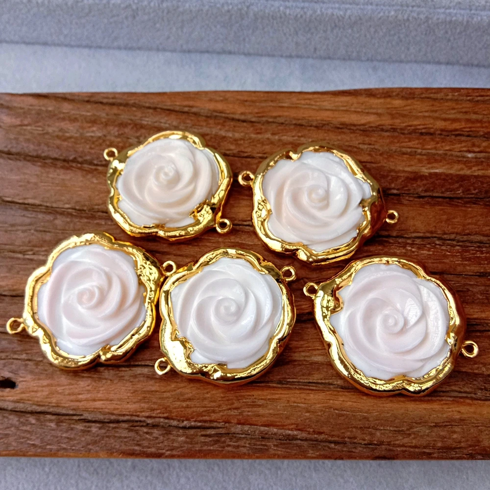 Wholesale 2 PCS 34mm Natural Pink Shell Carved Flower  gold plaetd Double Ring Connector