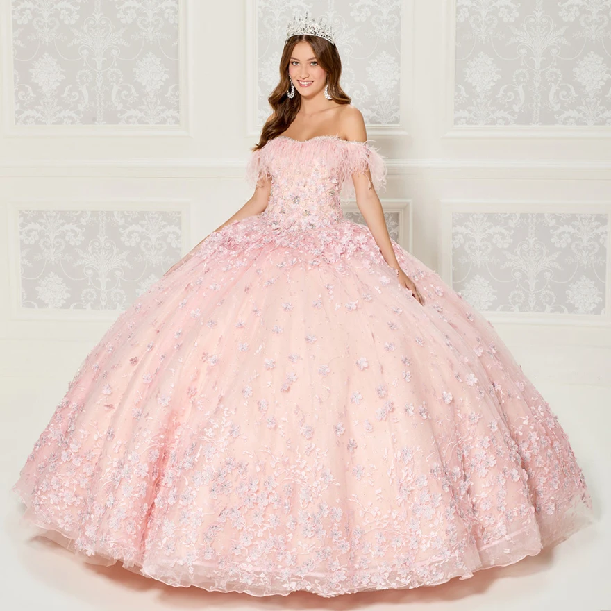 Maßgeschneiderte rosa Quinceanera-Kleider, Ballkleid, 3D-Blumenapplikation, Kristall mit Umhang, Sweet-16-Kleider, Geburtstagsparty-Kleid YQD20