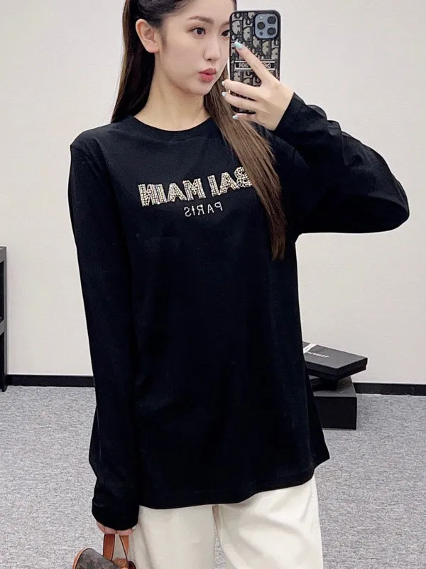 

Женская футболка с длинным рукавом, украшенная стразами ручной работы, из хлопка, в повседневном стиле, простой крой