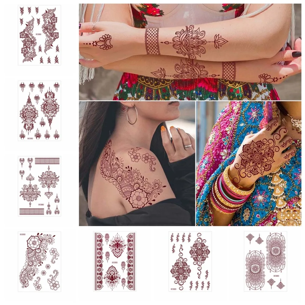 Adesivos mehndi vermelhos, tatuagem de henna, tatuagem falsa para mulheres, decalques de transferência de água, tatuagem temporária, flor da índia, ferramenta de casamento