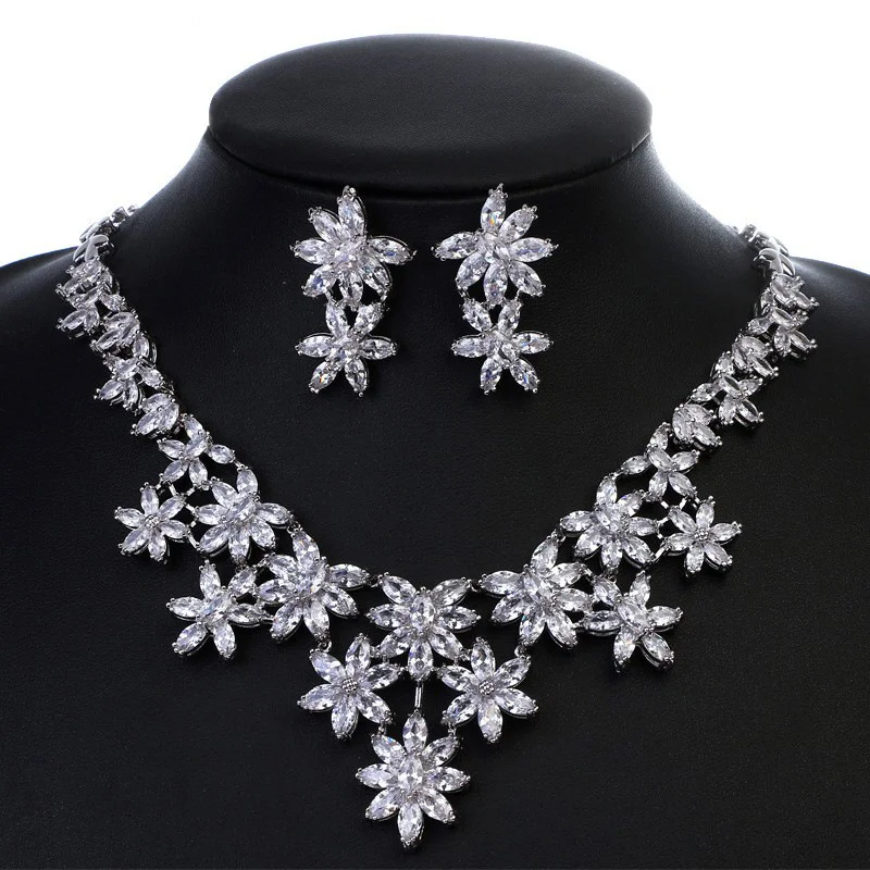 

Oversized AAA Cubic Zirconia Floral Bridal Jewelry Set, Bold Flower Necklace Earrings For Wedding Evening Formal Gown Outfits
