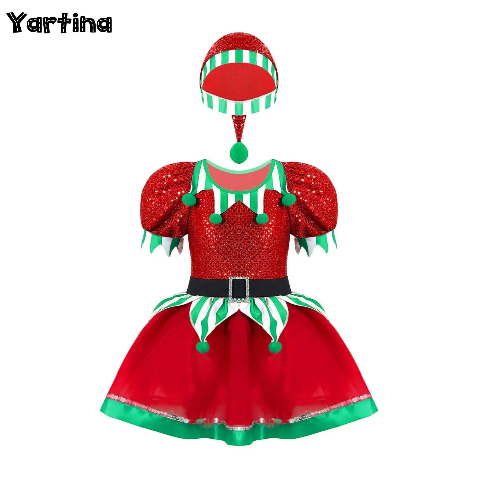 

Girls Xmas Santa Claus Christmas Elf Candy Cane Cosplay Costume Gymnastics Figure Skating Ballet Tutu Sequins Dress with Hat