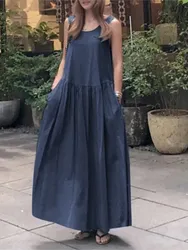 Summer Casual O-neck Sleeveless Loose Solid Long Dress Women Fashion Elegant Office Holiday Beach Party Boho Dresses Robe Femme