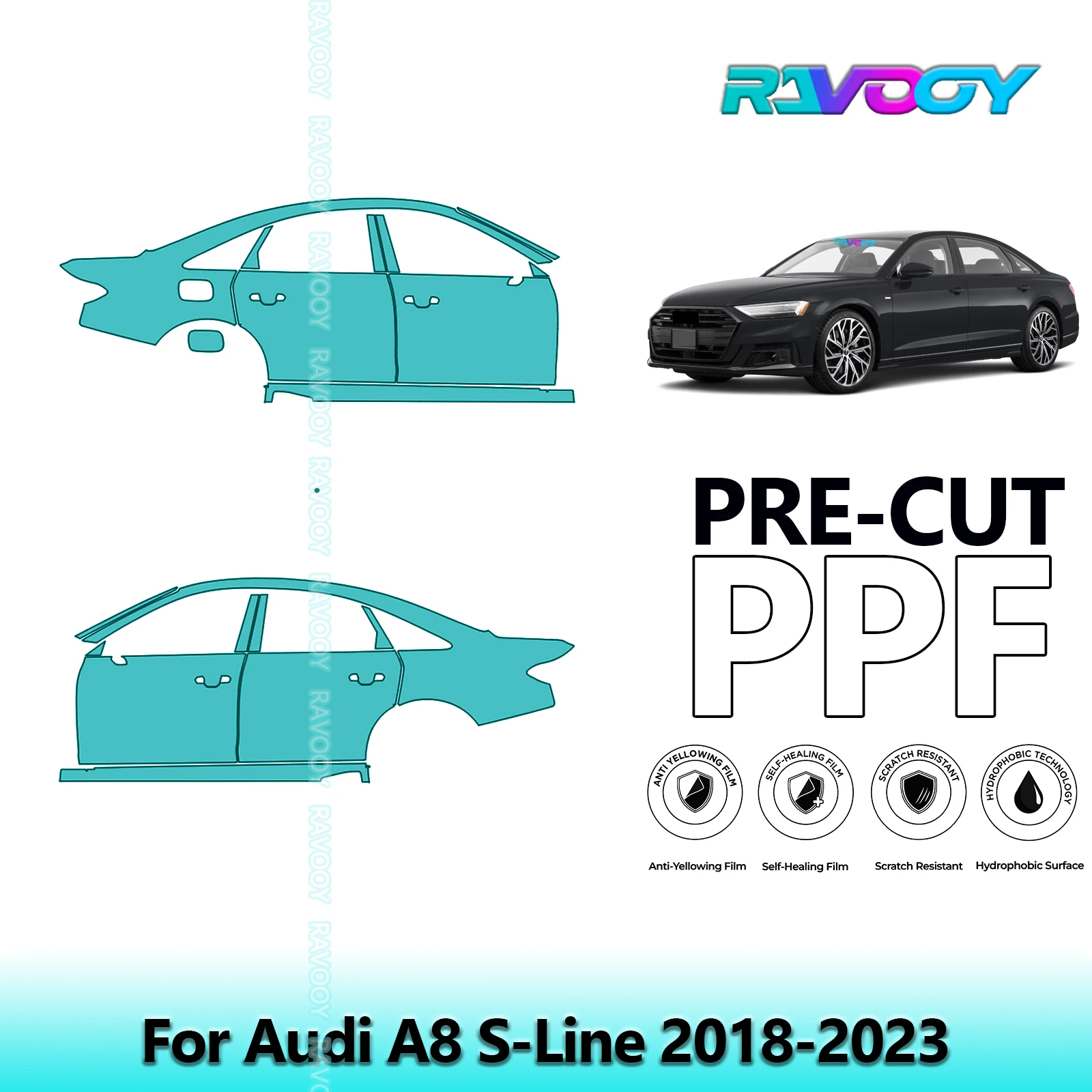 

For Audi A8 S-Line 2018-2023 8.5mil Clear Matte Pre-Cut PPF Door & A/B Pillar Kit TPU Paint Protection Film Set