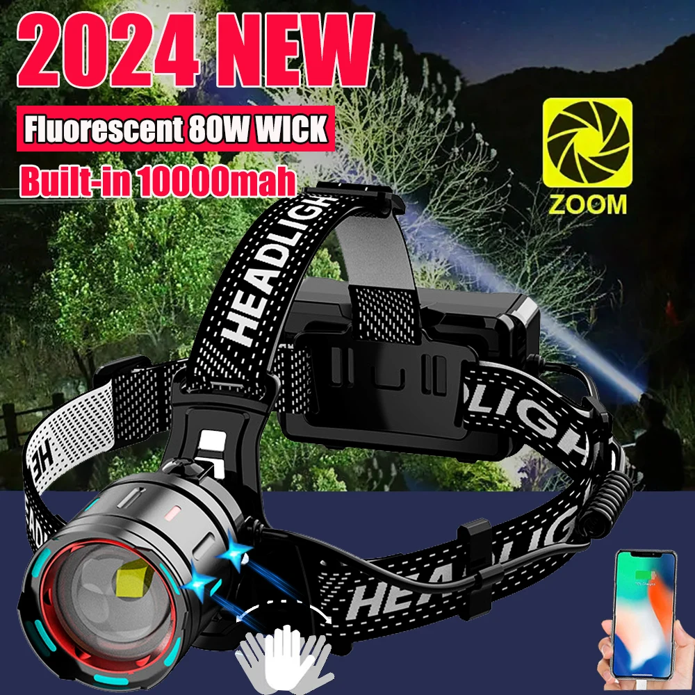 

300000 High Lumen Led Senson lamp 80w With Fluoresce lamp Flashlight Zoom Ip68 Waterproof Lamp For Camping, Hunting