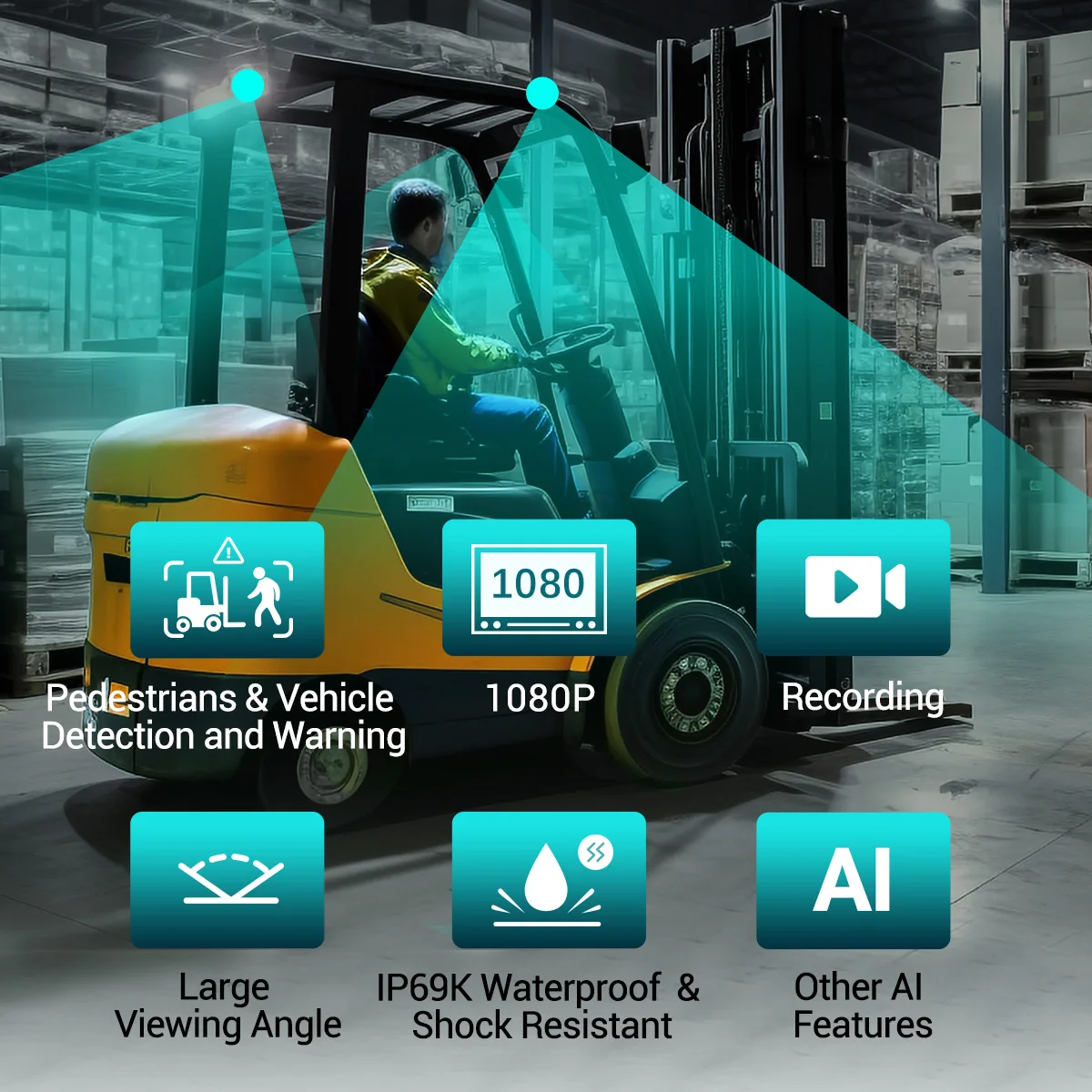 IP69K Waterproof 1080P Forklift AI Collision Avoidance Warning System With Recording For Forklift Safety