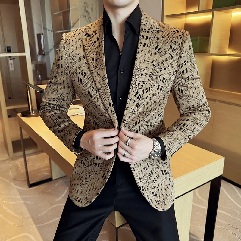 Korean Fashion Plaid Suit Jacket Men Slim Fit Casual Business Formal Blazers Wedding Groom Banquet Party Dress Coat Men Clothing