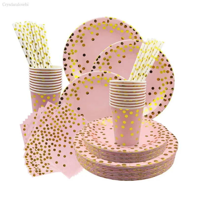 250pcs Gold Dot Pink Black Disposable Tableware Wedding Baby Shower Cups Straws Napkins Plates For Birthday Decor Kids Girls