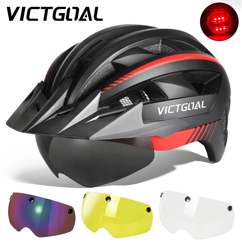 VICTGOAL MTB Bike Helmet Sun Visor Goggles Men Women Bicycle Helmet Taillight Magnetic Glasses Electric Scooter Cycling Helmets