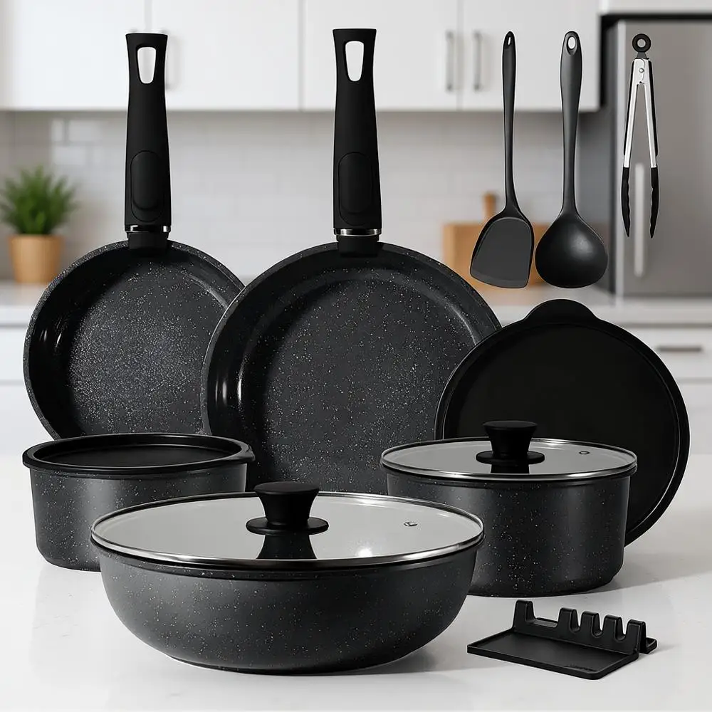 

Набор посуды из 21 предмета с антипригарным покрытием, штабелируемый, со съемной ручкой, гранитный, для индукционных плит, портативный, для кухни автофургона, можно мыть в посудомоечной машине