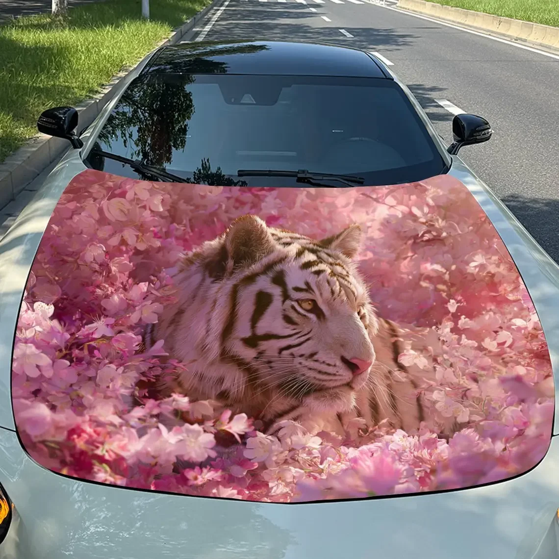The Tiger Among The Purple Flowers Car Hood Decal Sticker - Durable PVC Vinyl Wrap For Most Vehicles, Engine Hood Protective Fil