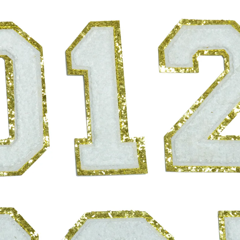 10 Stück/Set Nummern 0-9 Chenille-Aufnäher mit Goldrand, selbstklebend, für DIY-Bastelarbeiten, Abzeichen, Kleidung, Nähzubehör – Detail 8