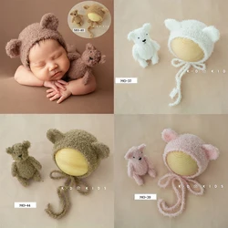 Cute Baby Bear Hat Doll Plush Adjustable Cap Infant Bear Toy Photo Decoration Newborn Photography Props Studio Shoot Accessories