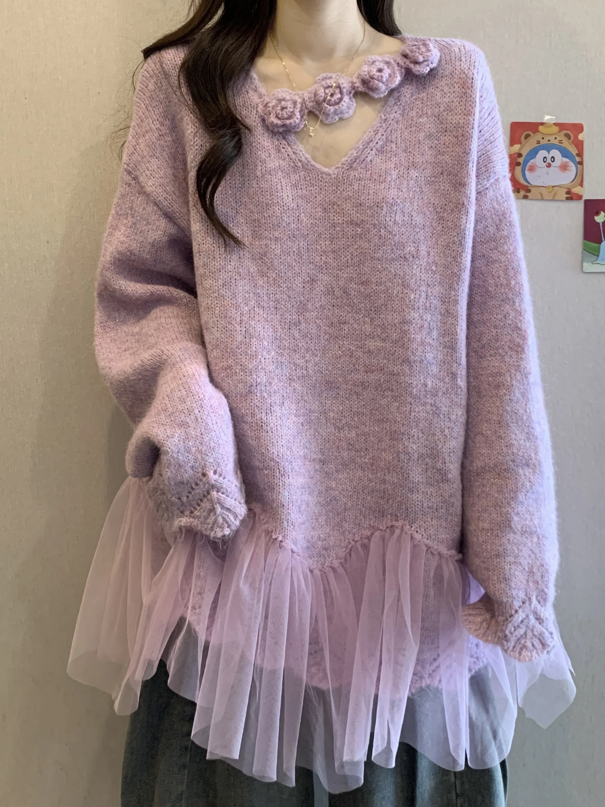 

plus Size Purple 3D Flower Nelace V-Ne Knitted Sweater Women's Autumn Winter Fat MM High-End Sense Me Splicing Top