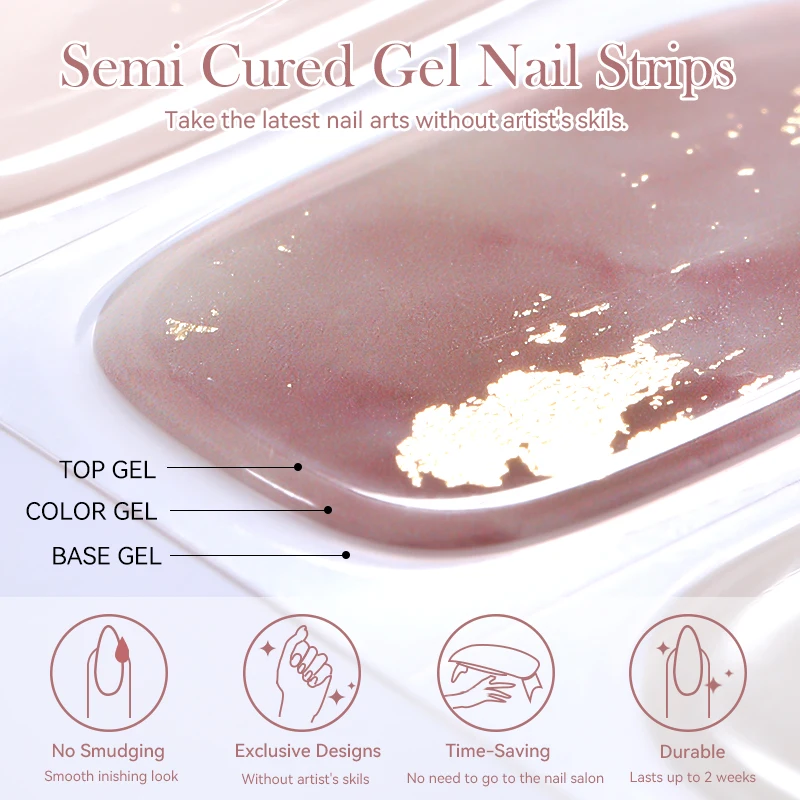 22Tips Nude Pearl Semi-Cured Gel Nail Strip Adhesive Waterproof Long Lasting Aurora Full Cover Gel Nail Sticker UV Lamp Needed