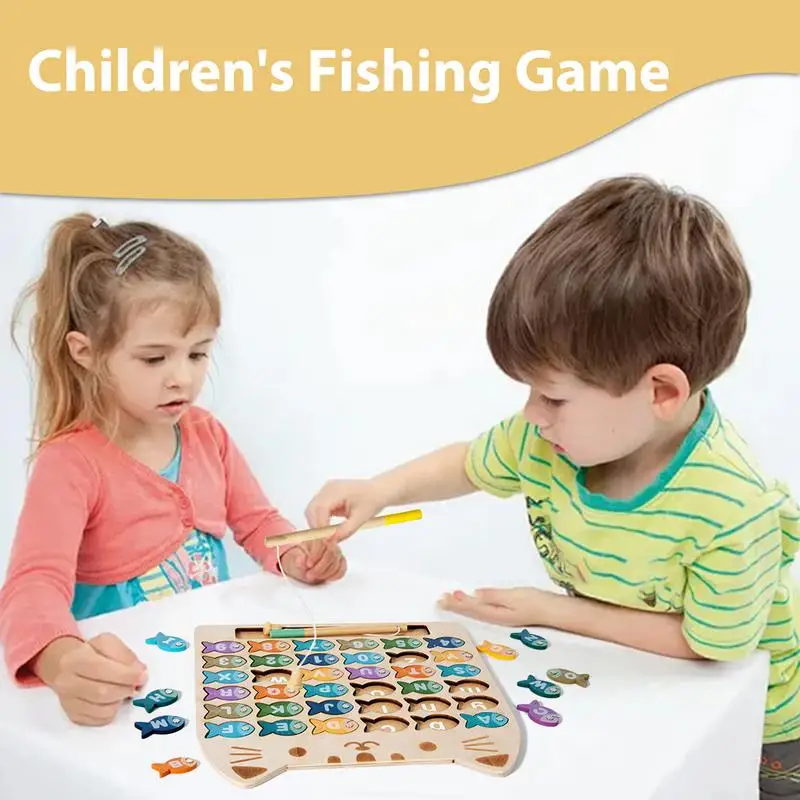 Magnetic Fishing Game Cute Cat Shape Wooden Fishing Game Interactive Fine Motor Skills Toys with 2 Poles Fish Catching Game for