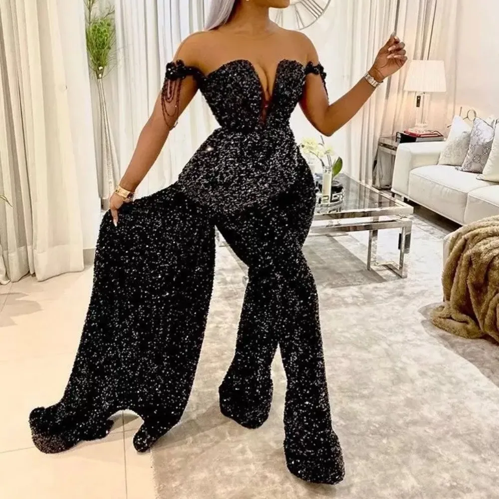 2023สีดำ Sequined ชุดราตรี Jumpsuit ซาตินโบว์กลับที่ถอดออกได้กระโปรงใหม่อย่างเป็นทางการชุด Sweetheart คอความยาว