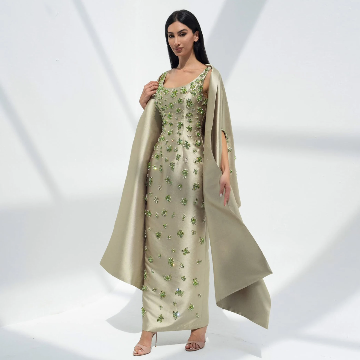 

Sharon Said Chic Sage Green Satin 3D Floral Beaded Arabic Evening Dress with Cape for Dubai Women Wedding Party SS536 Customized