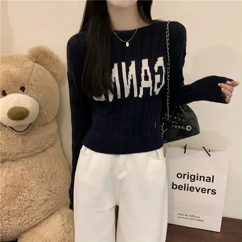 

Letter Fried Dough Twists Sweater Women's Autumn Winter 2024 New Splice Pullovers O-Neck Fashion Casual Long Sleeve Knit Tops