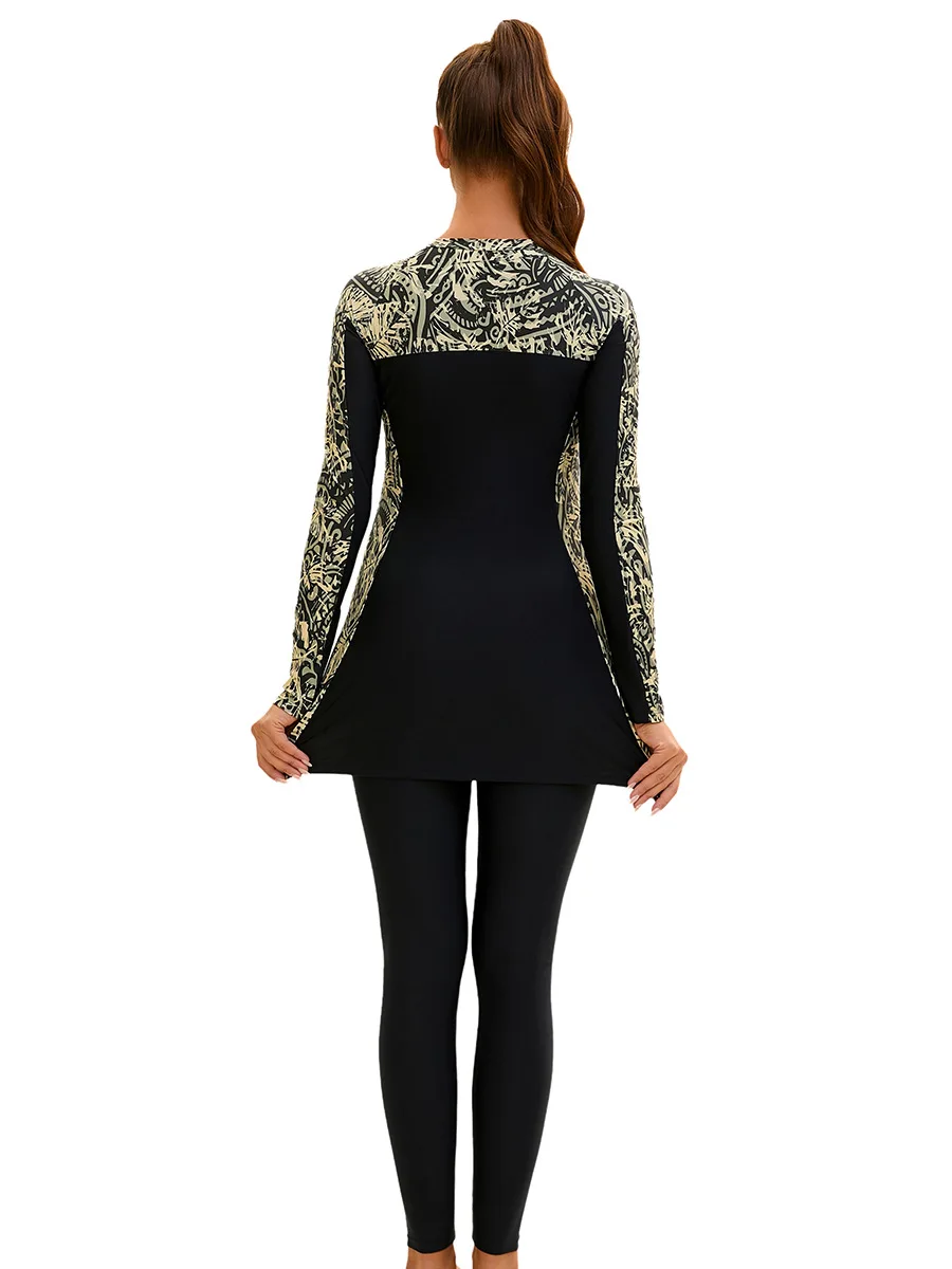 Women's 2-Piece Islamic Modest Swimwear - Long-Sleeve Baroque Print Top + Slim-Fit Pants Style, Full Coverage Stylish Swimwear