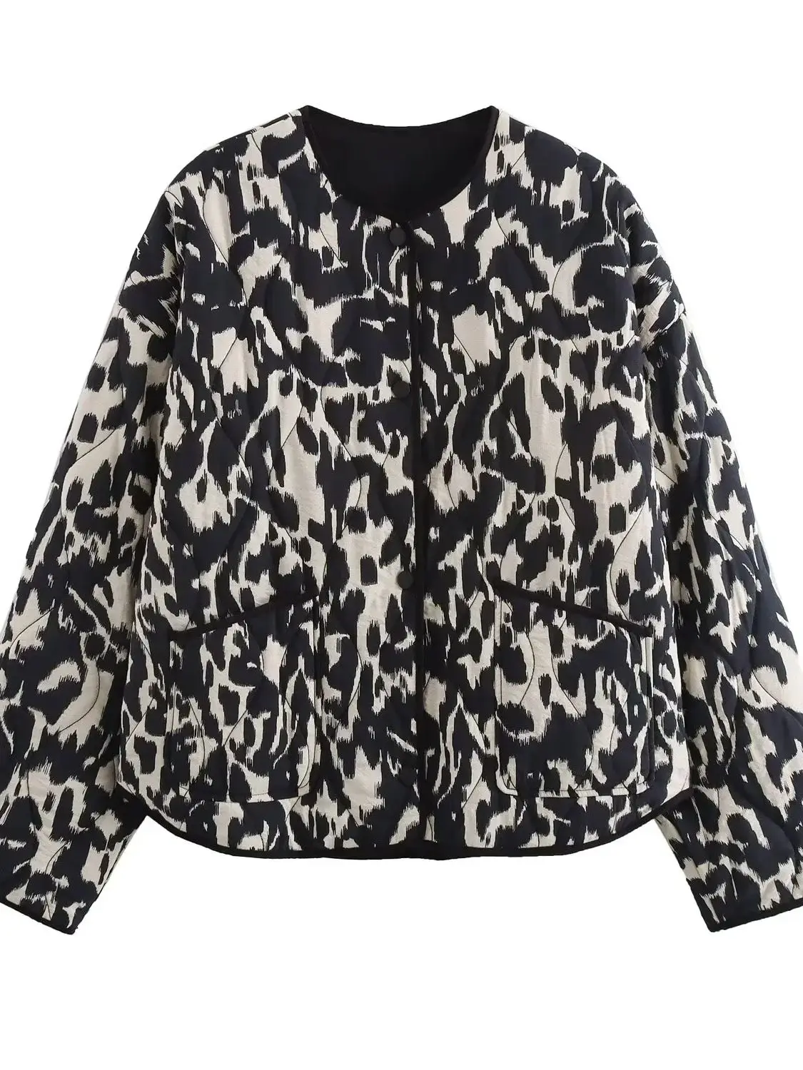 XNWMNZ 2024 Women\'s Fashion Autumn/Winter Animal Print Padded jacket Retro Round Neck Long Sleeve Front Snap-button Female Coat