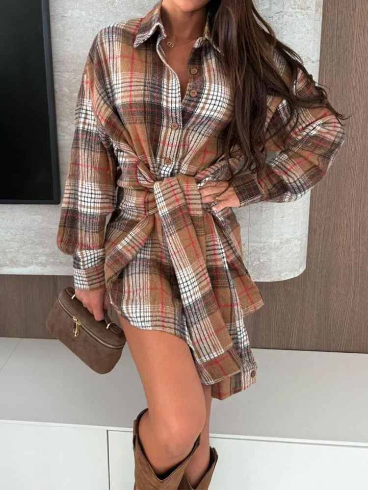 Langes, kariertes Damenhemd mit Schnürung für Frühling und Herbst im neuen Stil, Reversknöpft und langärmliges Hemd im urbanen Pendlerstil