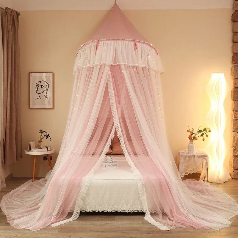 Pink Princess Dome Mosquito, Double-Layer, Hanging Canopy for Girls' Bedroom Deco