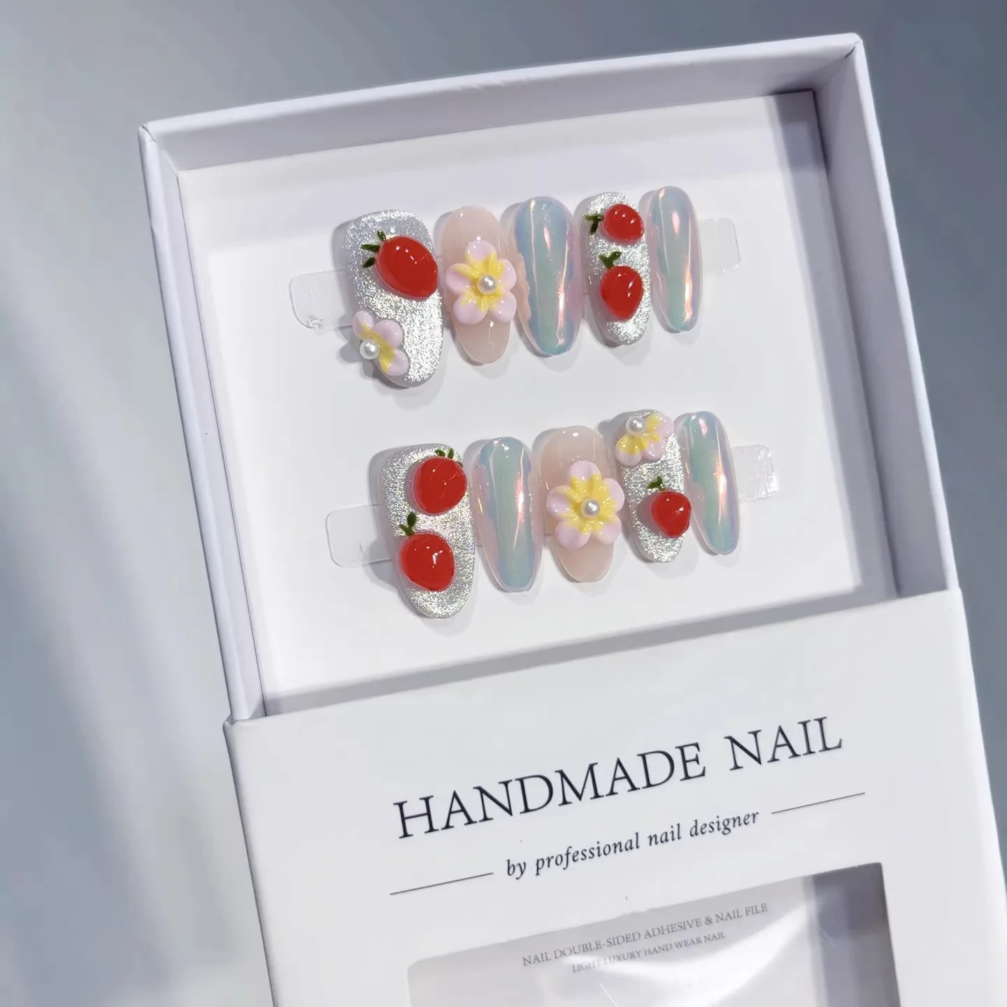 

10PCS Handmade Strawberry Aurora Press on Nails Almond 3D Flower Decor Cute Summer Cat Eye Acrylic Fake Nails Tips Wearable