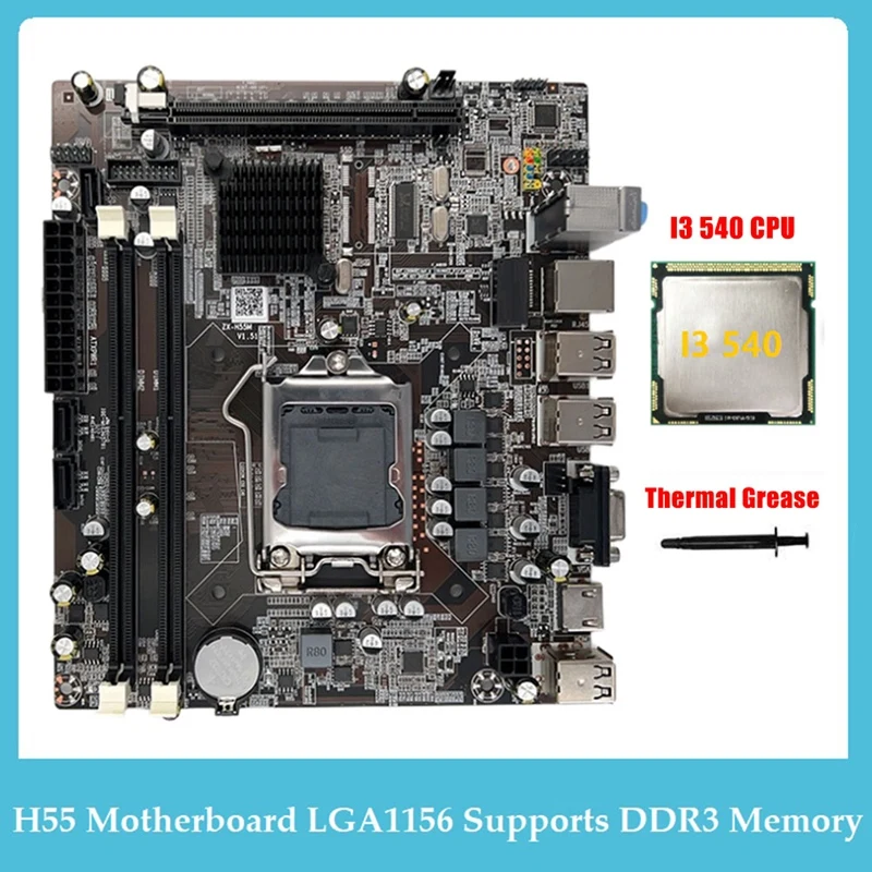 

H55 Motherboard LGA1156 Supports I3 530 I5 760 Series CPU DDR3 Memory Computer Motherboard+I3 540 CPU+Thermal Grease Spare Parts