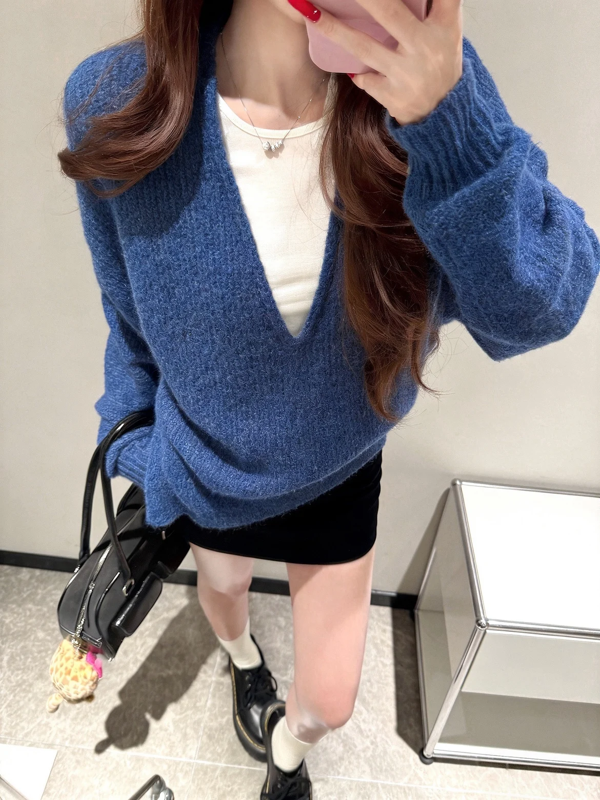 

Вязаный свитер-имитация кимоно, мягкий и уютный, с эффектом двухслойности, в стиле ретро, сине-белый, весенняя мода для женщин