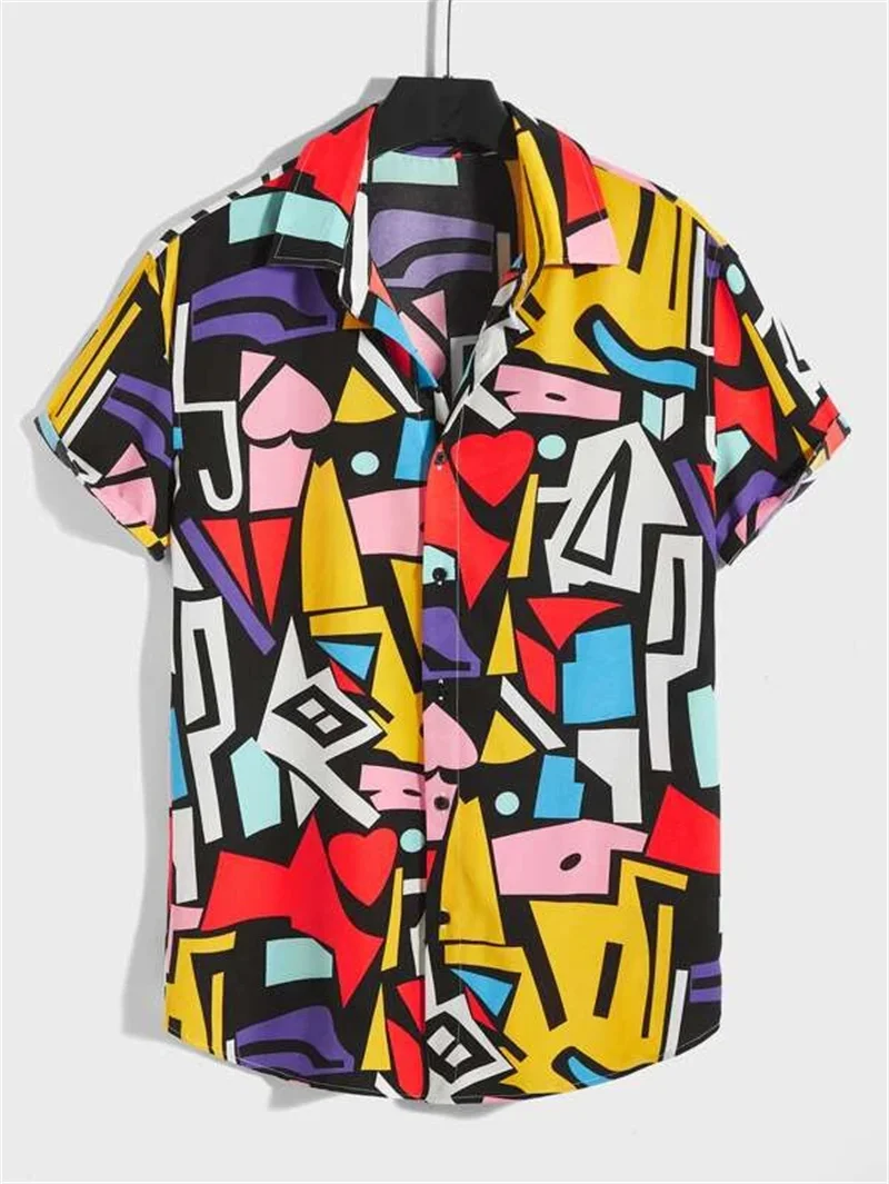 Cat print men's summer retro element shirt Hawaii beach men's clothing outdoor street loose top