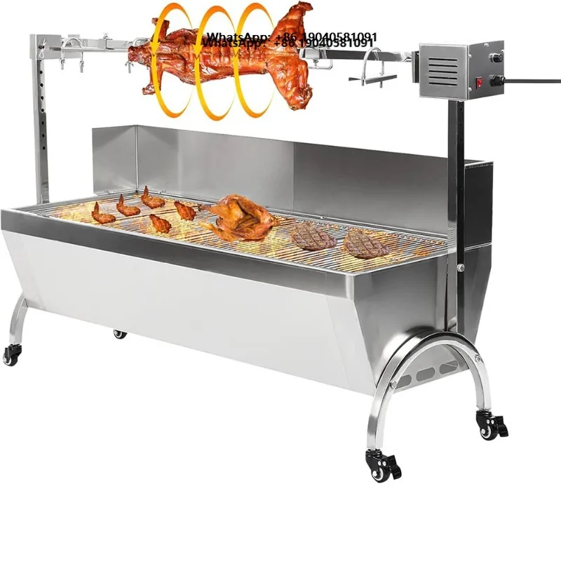 Heavy Duty Stainless Steel Commercial Rotisserie Grill, 8-Level Height Adjustable Automatic Charcoal BBQ for Large Party