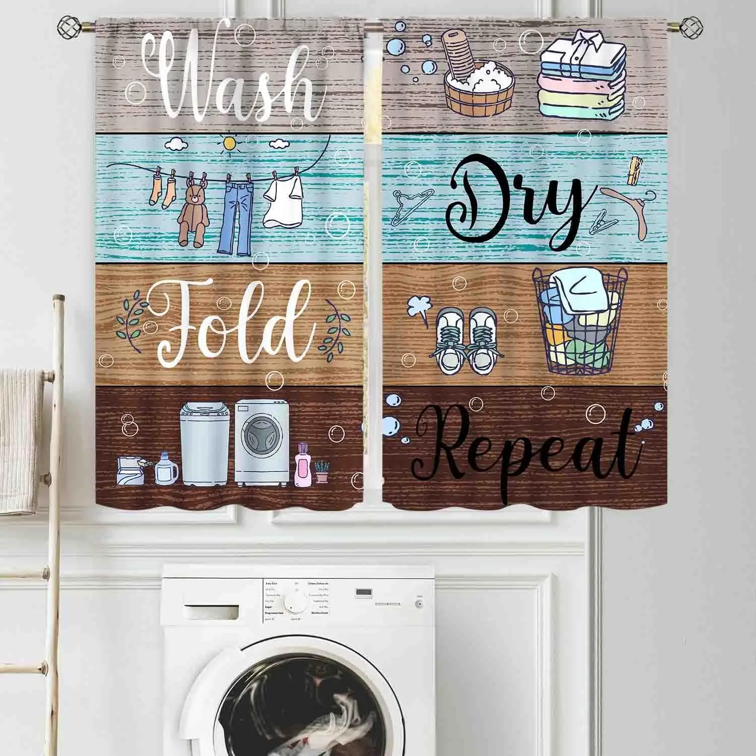 Laundry Room Curtians, Rustic Wash Dry Fold Repeat Laundry Quotes Rural Country Wooden Farmhouse Laundry Drapes Treatments for