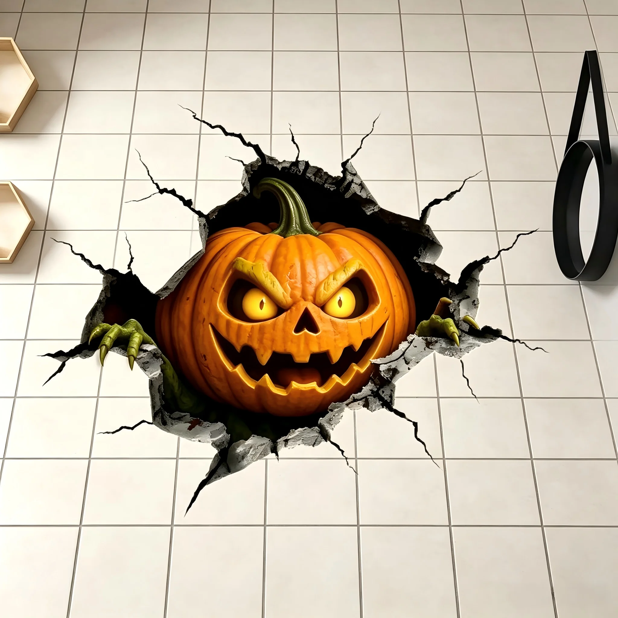 1 evil pumpkin lantern wall breaking floor sticker, suitable for Halloween atmosphere