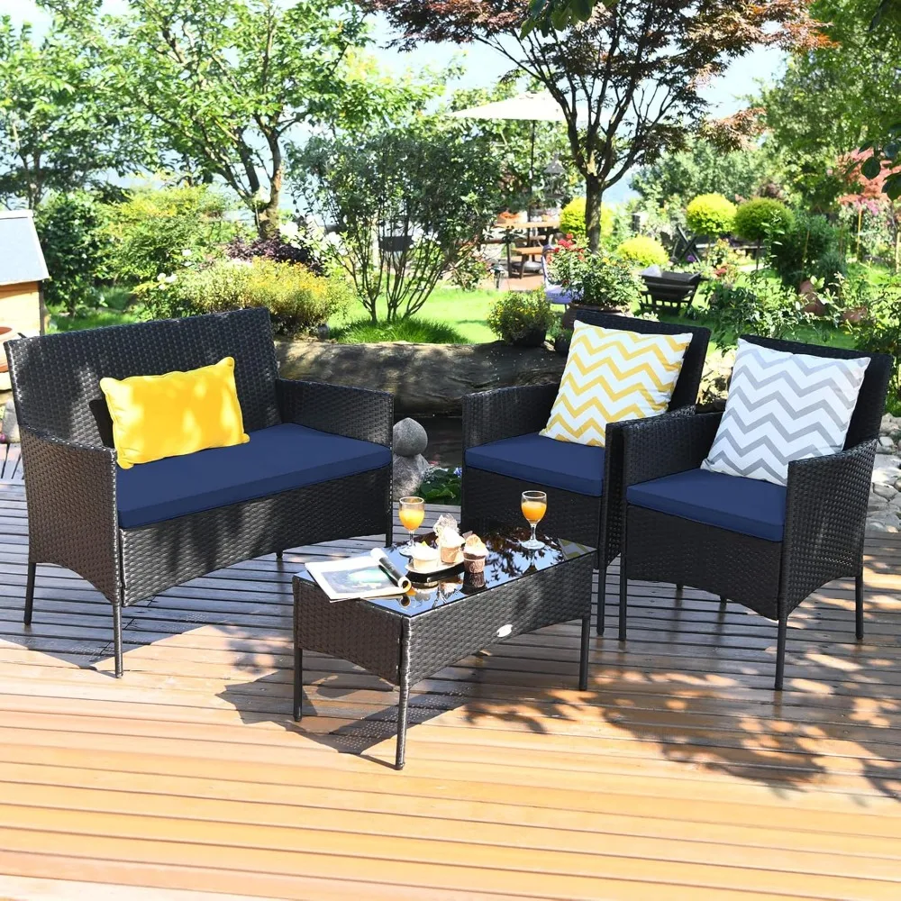 

4 Piece Patio Furniture Set, Outdoor Wicker Conversation Set with Tempered Glass Coffee Table, Rattan Loveseat & Chairs Set wit